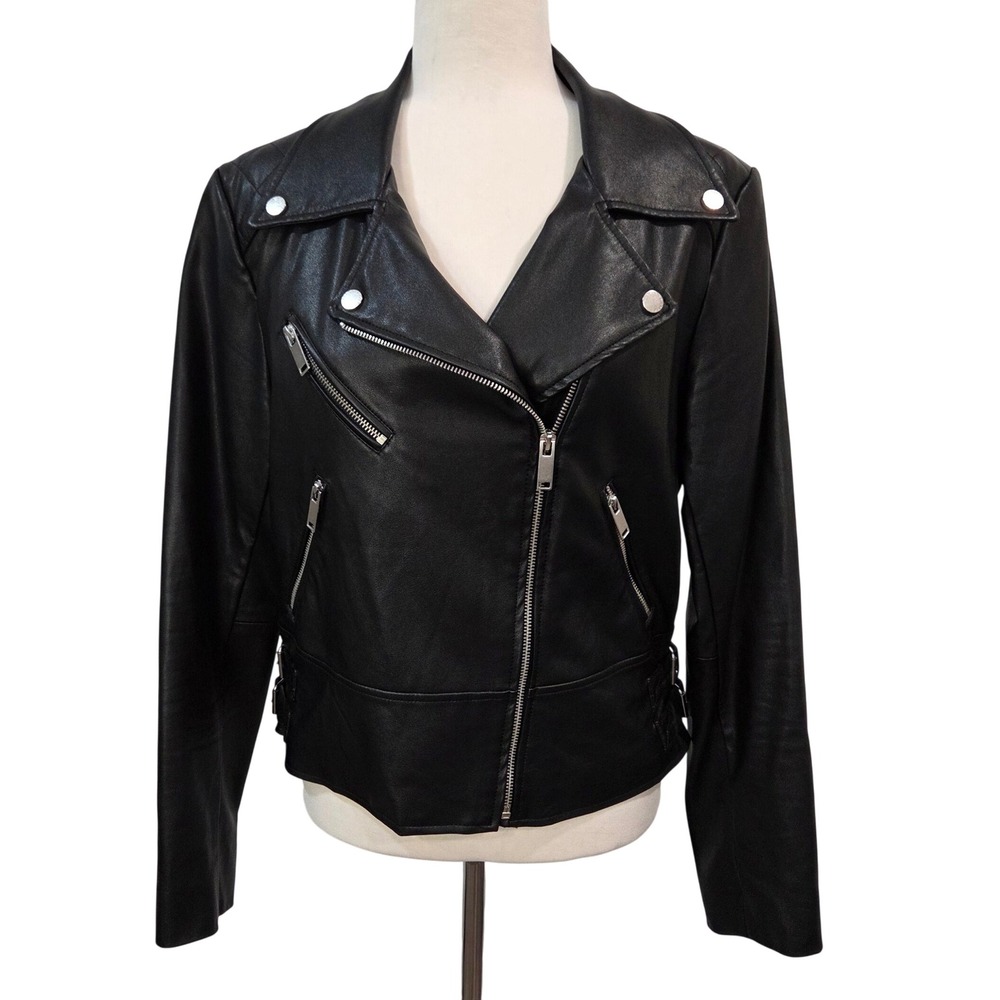 French Connection Womens M Black Faux Leather Quilted Moto Biker Jacket Zip